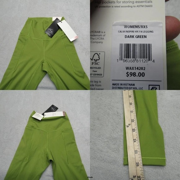 Calia Wax Legging Green XXS Flex High Rise 7/8 Leggings Pocket Yoga Gym Hike $98 - Picture 1 of 15